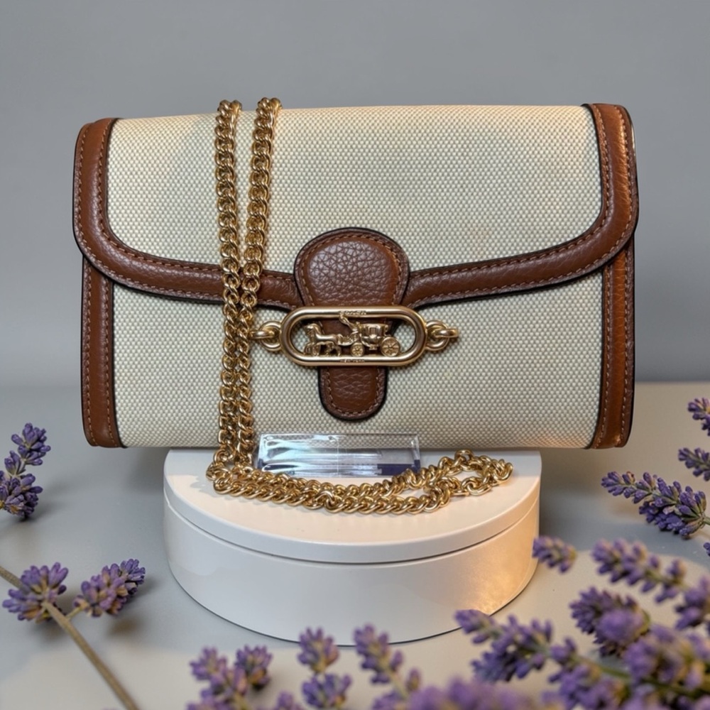 Coach Jade Chain Cream Canvas and Brown Leather Crossbody with Gold Chain